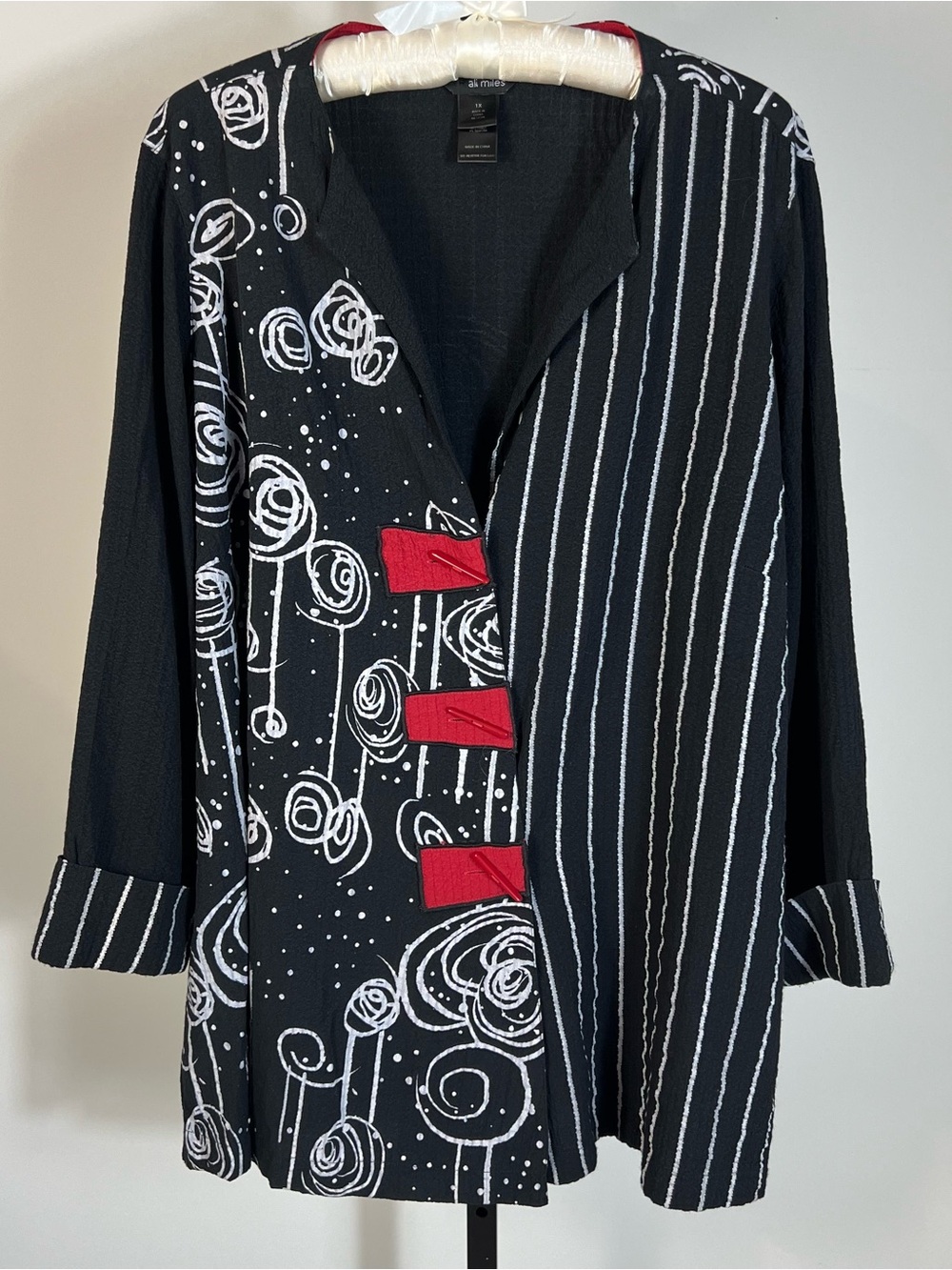 Ali Miles Textured Black White Stripe Red Button Cardigan Topper Jacket 1X